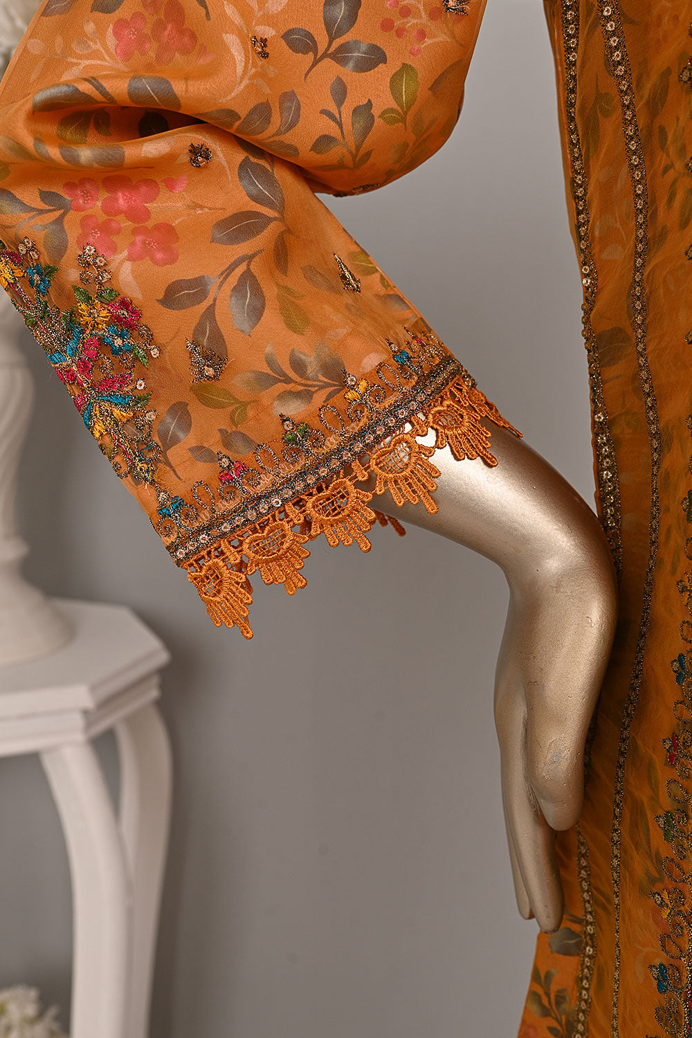 DSO-003A-Orange - Roheen Luxe | 3Pc Ready to Wear Oraganza Embroidered Dress