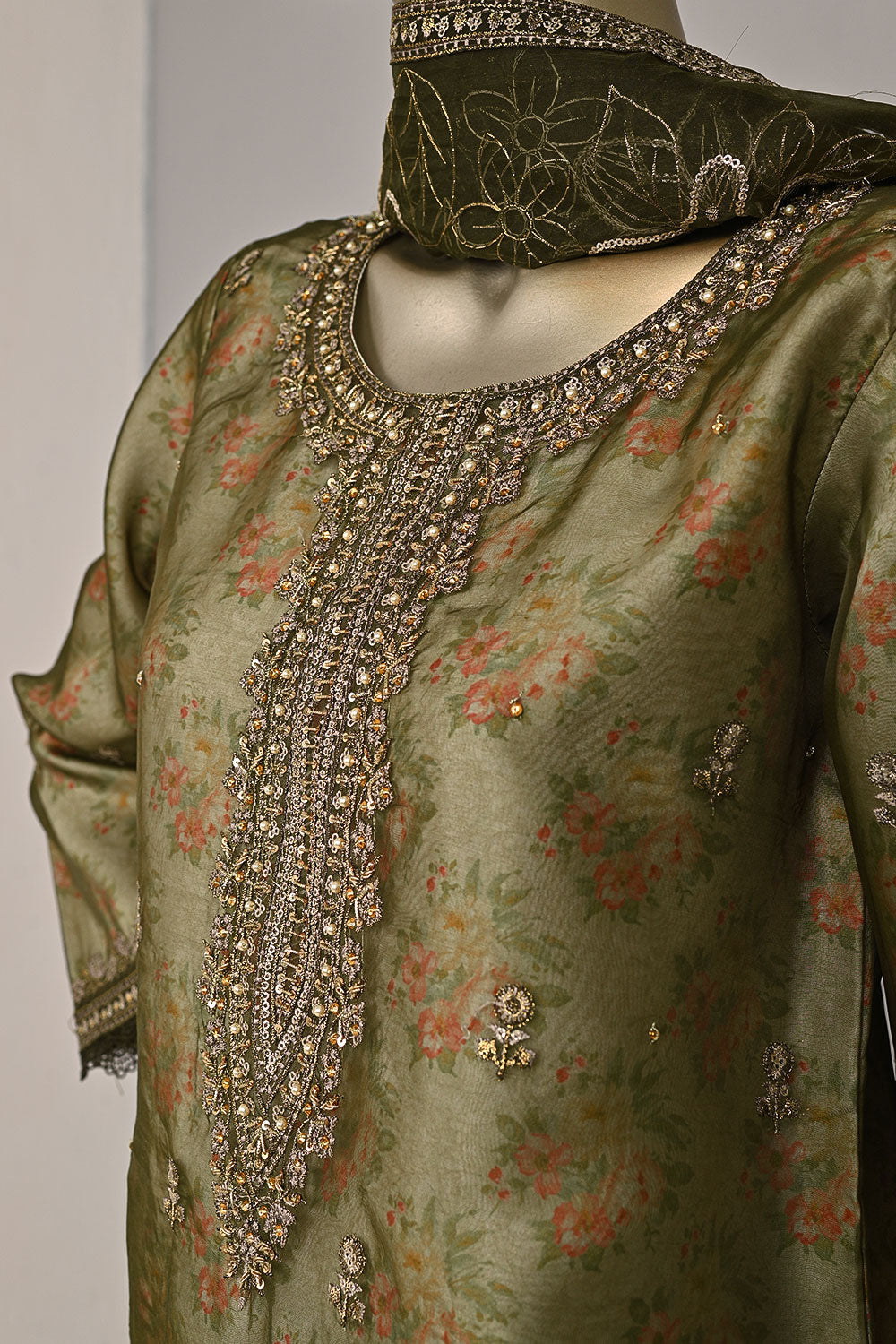 DSO-002B-Mehndi - Roheen Luxe | 3Pc Ready to Wear Oraganza Embroidered Dress