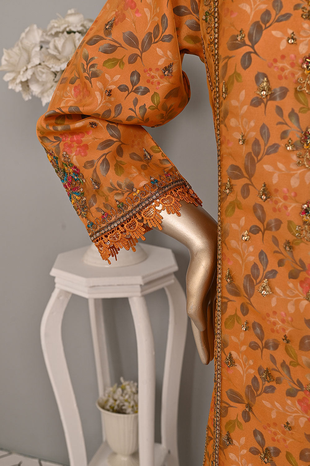 DSO-003A-Orange - Roheen Luxe | 3Pc Ready to Wear Oraganza Embroidered Dress