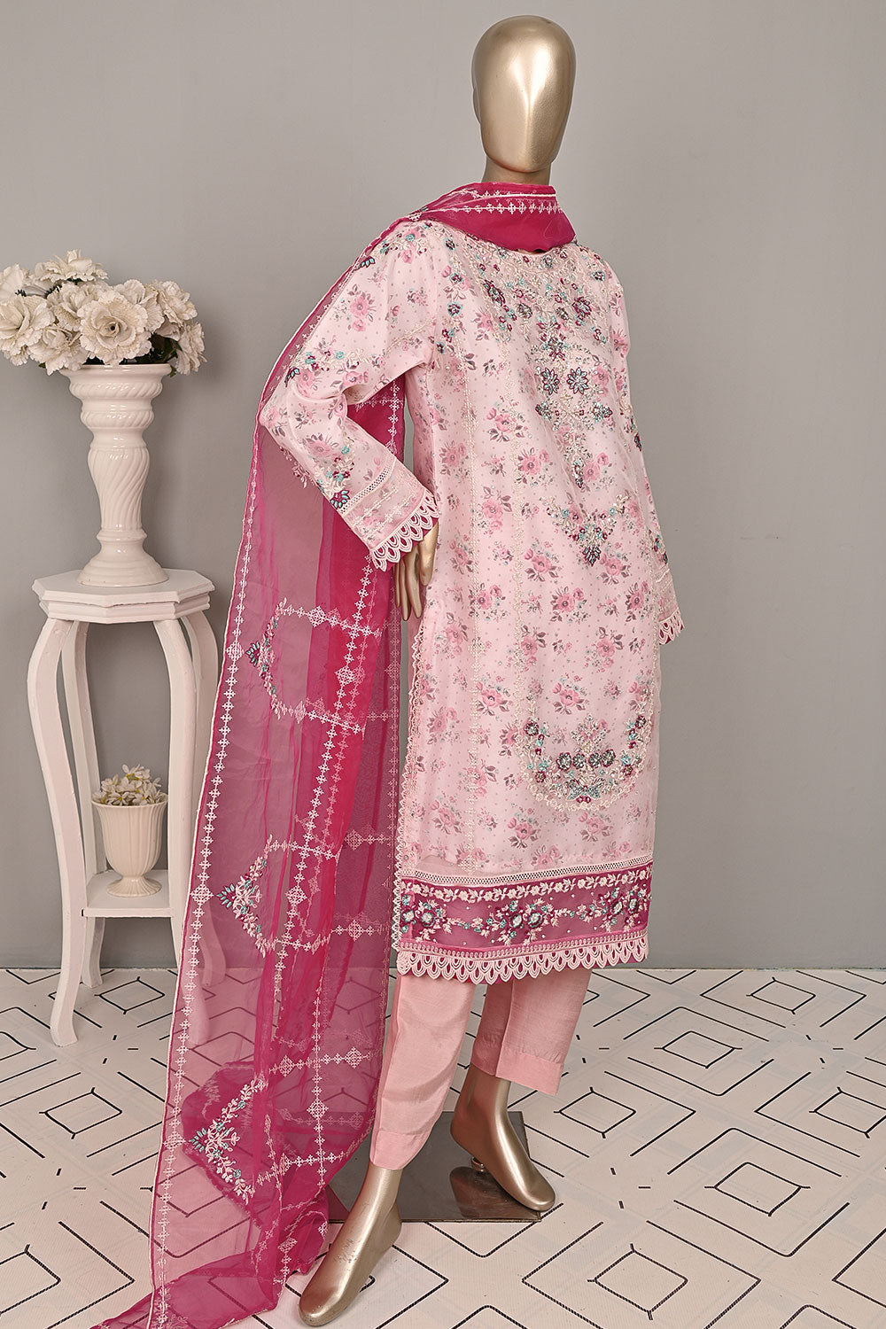 DSO-004A-Baby pink - Roheen Luxe | 3Pc Ready to Wear Organza Embroidered Dress