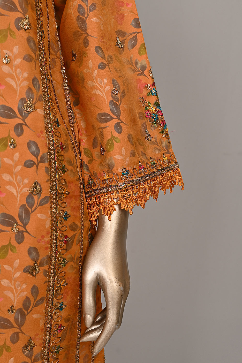 DSO-003A-Orange - Roheen Luxe | 3Pc Ready to Wear Oraganza Embroidered Dress