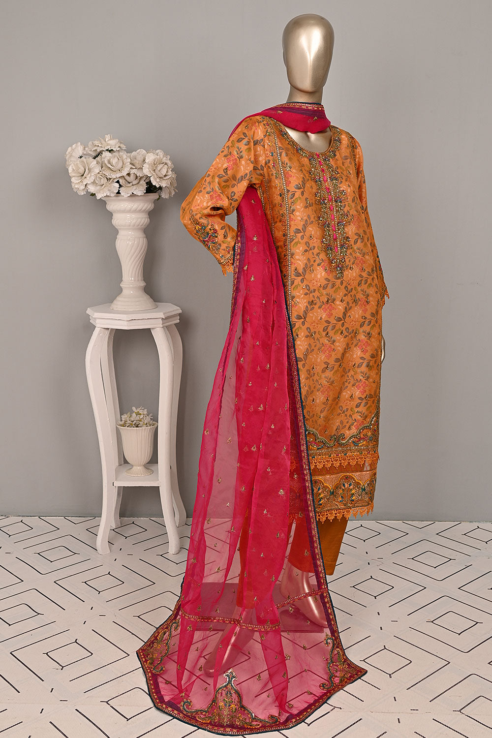 DSO-003A-Orange - Roheen Luxe | 3Pc Ready to Wear Oraganza Embroidered Dress