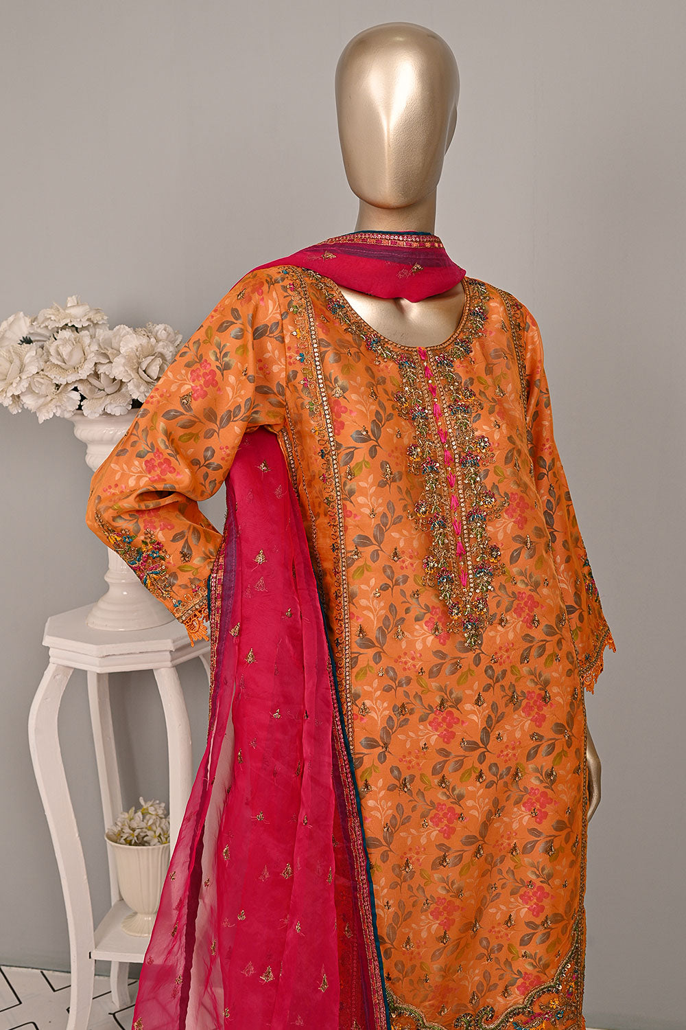 DSO-003A-Orange - Roheen Luxe | 3Pc Ready to Wear Oraganza Embroidered Dress