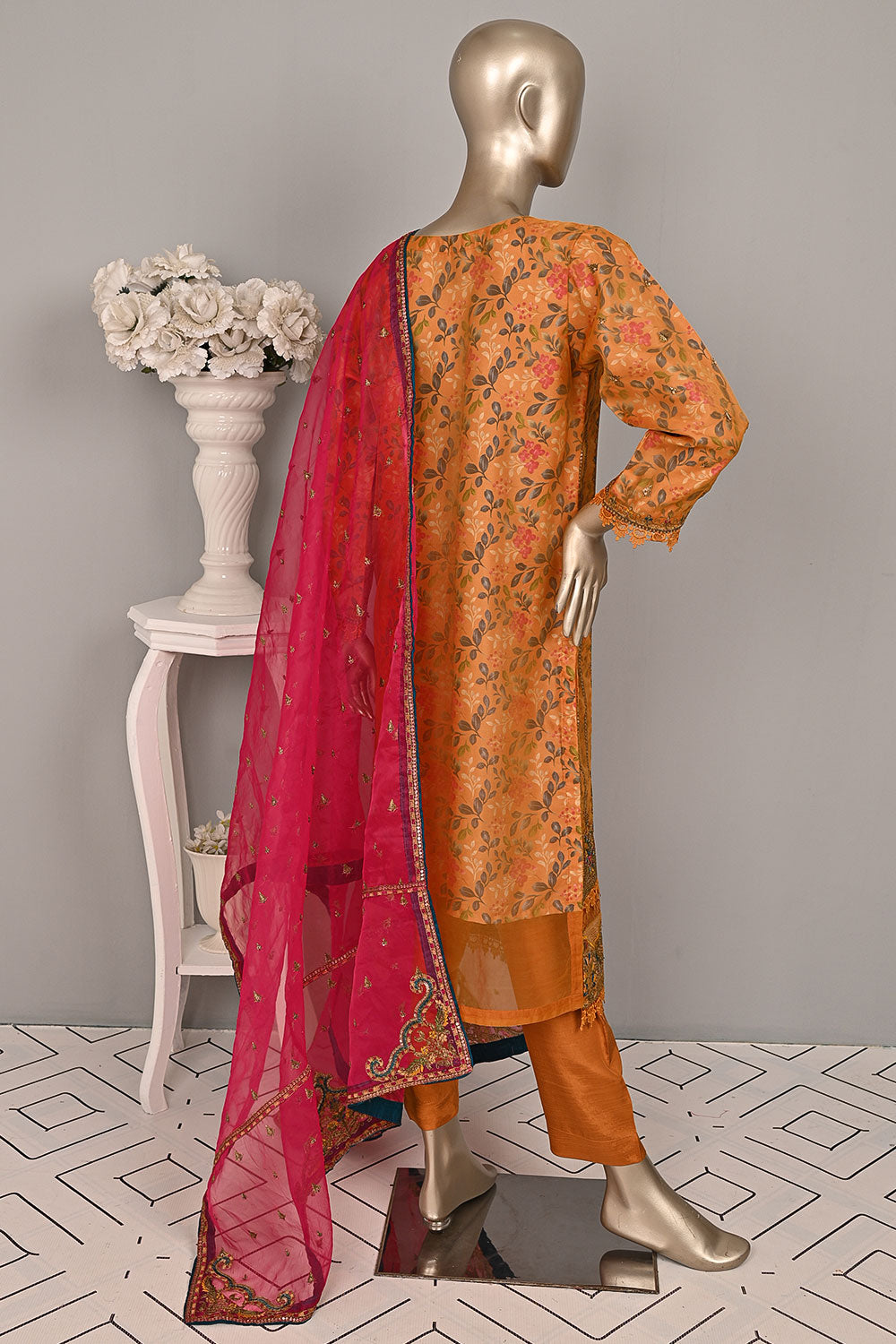 DSO-003A-Orange - Roheen Luxe | 3Pc Ready to Wear Oraganza Embroidered Dress