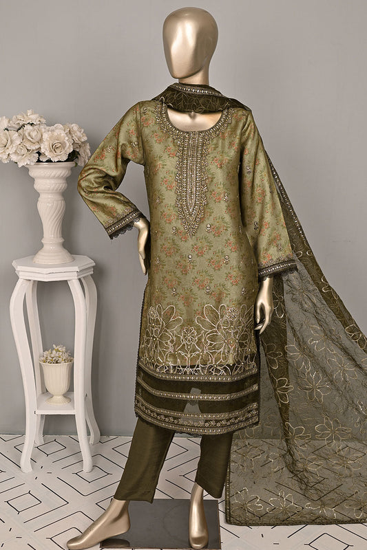 DSO-002B-Mehndi - Roheen Luxe | 3Pc Ready to Wear Oraganza Embroidered Dress