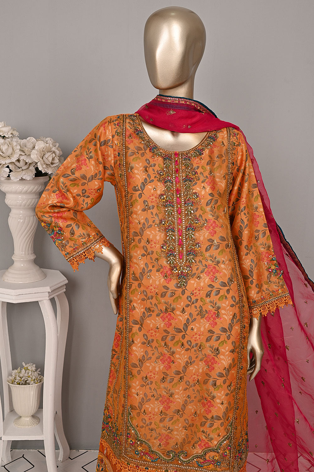 DSO-003A-Orange - Roheen Luxe | 3Pc Ready to Wear Oraganza Embroidered Dress