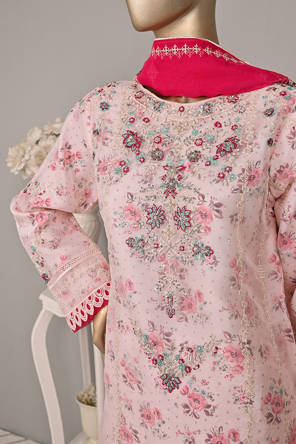 DSO-004A-Baby pink - Roheen Luxe | 3Pc Ready to Wear Organza Embroidered Dress