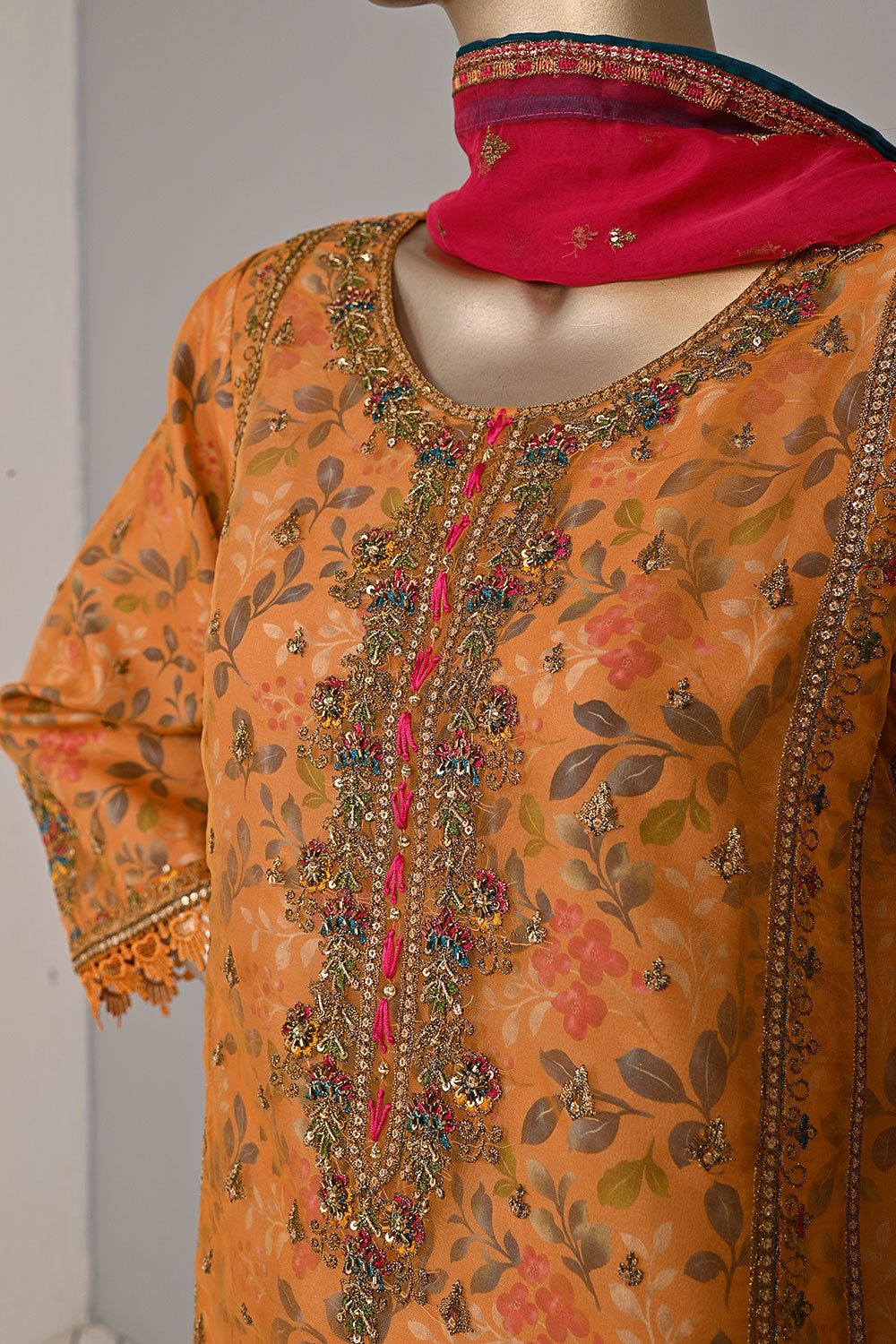 DSO-003A-Orange - Roheen Luxe | 3Pc Ready to Wear Oraganza Embroidered Dress