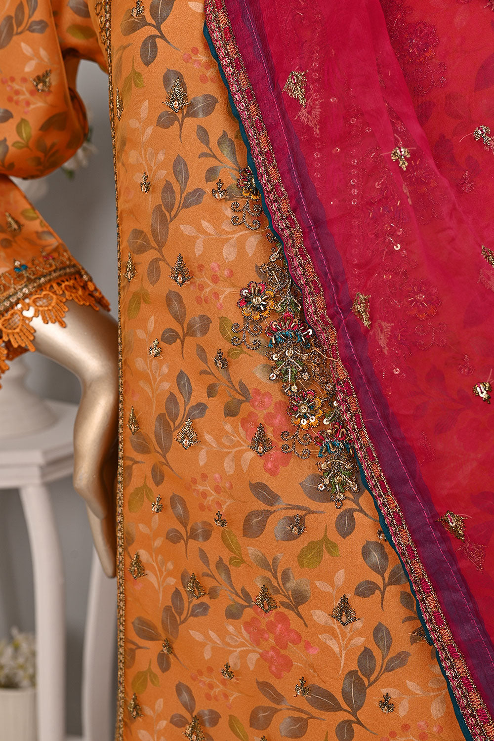 DSO-003A-Orange - Roheen Luxe | 3Pc Ready to Wear Oraganza Embroidered Dress