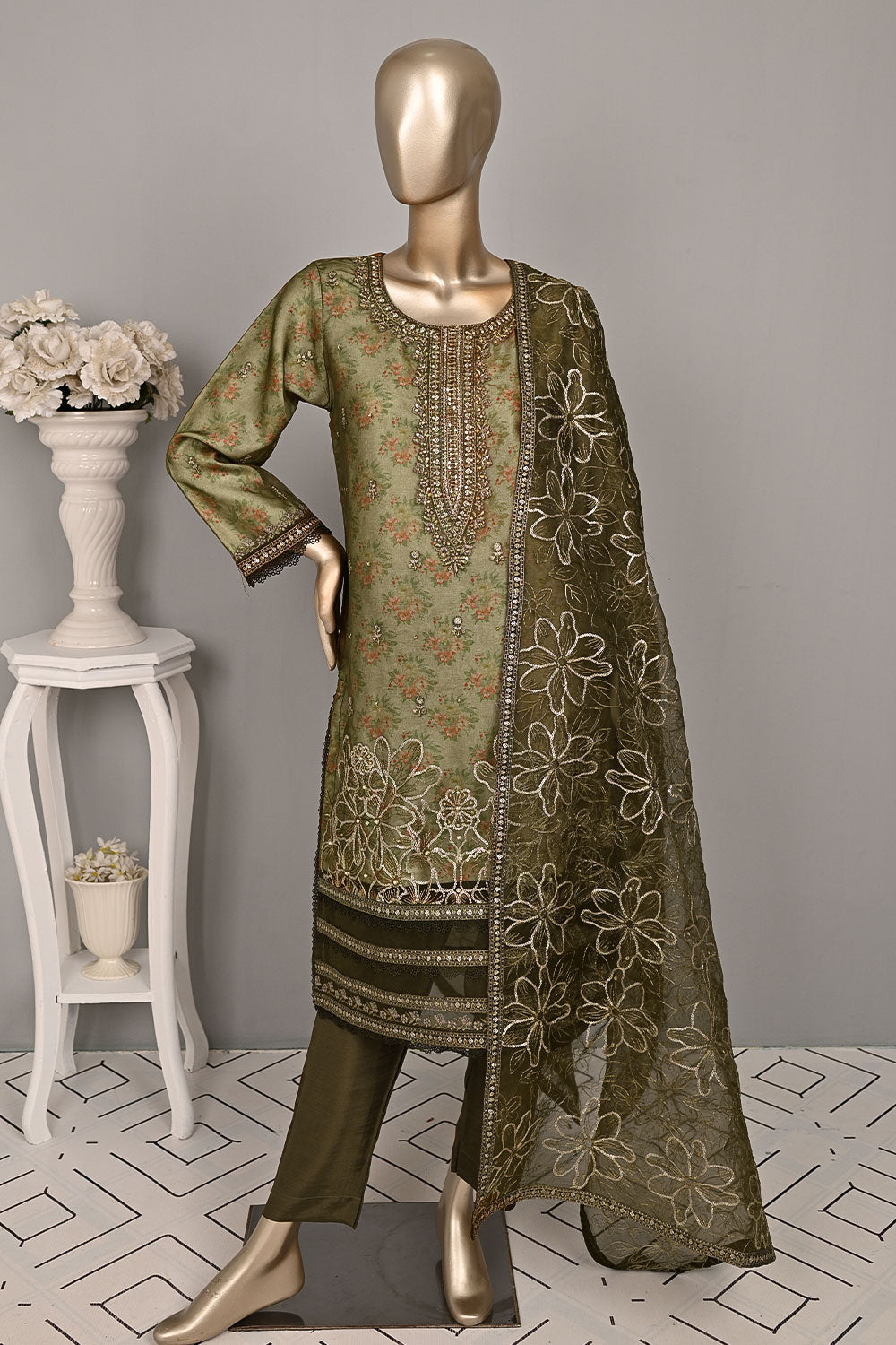 DSO-002B-Mehndi - Roheen Luxe | 3Pc Ready to Wear Oraganza Embroidered Dress